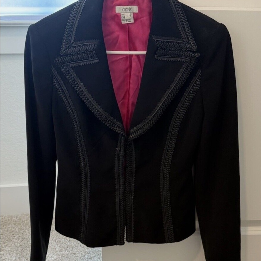 Cache Black Blazer Size 0 Whipstitch Faux Leather Accent & Pink Lining